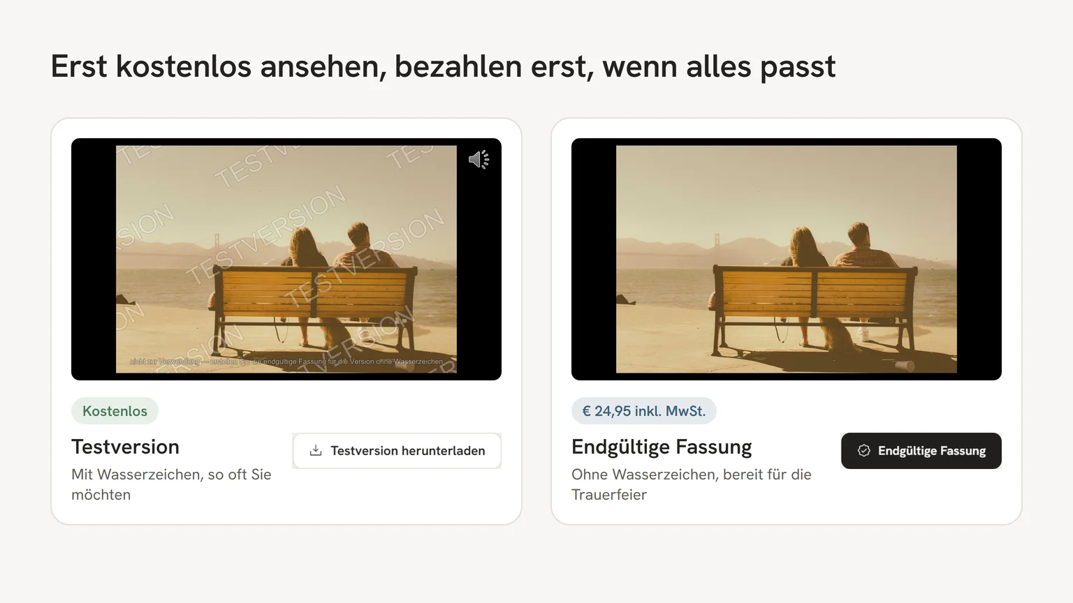 Testversion mit Wasserzeichen und die Schaltfläche Endgültig festlegen bei den Kosten einer Trauerfeier-Präsentation